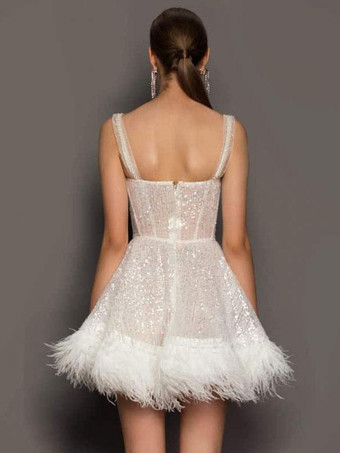 パーティードレス エクリュ ホワイト ストラップネック スパンコール ノースリーブ シアー ミニドレス