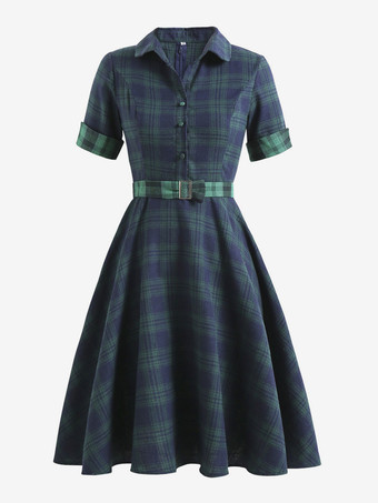 1950s Audrey Hepburn Style Vintage Dress V Neck Turndown Collar Short Sleeves Knee Length Plaid Swing Dress