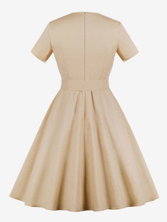 レトロワンピース　2025　50年代　ハーフスリーブ　コットン　スクエアネック　アプリコット　サマー結婚式二次会お呼ばれ発表会スイングワンピース