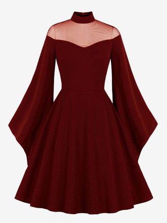 1950er Jahre Audrey Hepburn Stil Vintage Kleid Burgund geschichtete lange Ärmel Rockabilly Kleid mit hohem Kragen