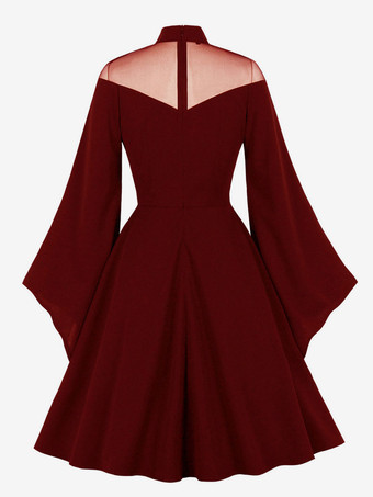 1950年代オードリー・ヘップバーン風　ヴィンテージドレス　ブルゴーニュ　長袖　ハイカラー　二次会　お呼ばれ　発表会　ロカビリーワンピース