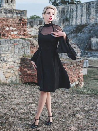 1950年代オードリー・ヘップバーン風　ヴィンテージドレス　ブルゴーニュ　長袖　ハイカラー　二次会　お呼ばれ　発表会　ロカビリーワンピース