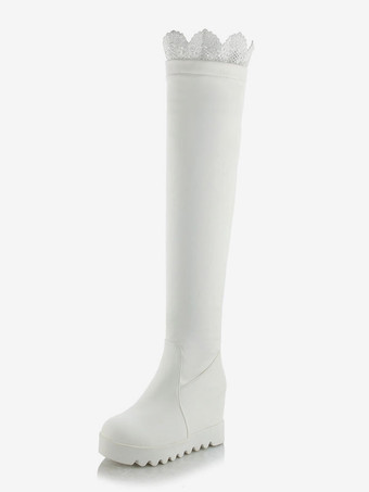 ホワイト ニーハイブーツ レディース靴 ブラック ロングブーツ 8cm PU ラウンドトゥ レース アウトドア シック＆モダン