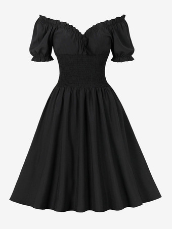 Retro Dress 1950s Audrey Hepburn Style Black Woman's Short Sleeves Swing Dress