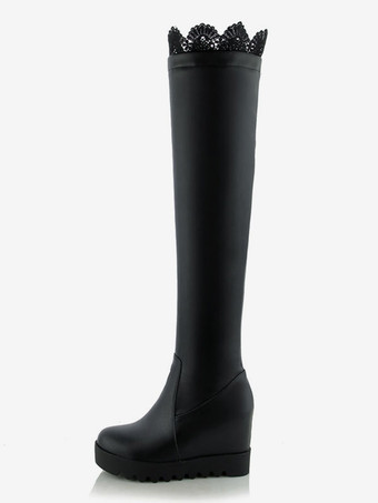 ニーハイブーツ レディース靴 ブラック ロングブーツ 8cm PU ラウンドトゥ レース アウトドア シック＆モダン