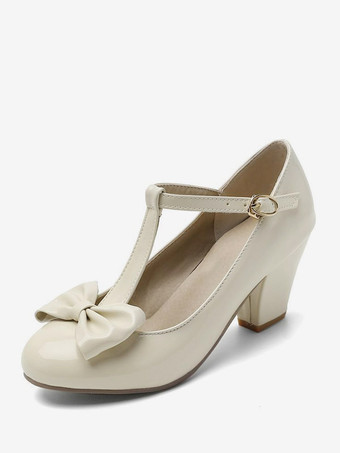ホワイト ヴィンテージ シューズ ラウンド トゥ ボウ T ストラップ チャンキー ヒール パンプス