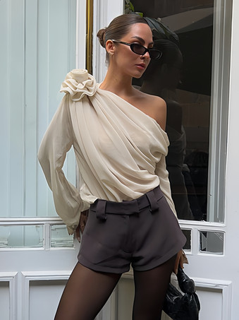 アプリコット女性用ワンショルダーTシャツプリーツ非対称シャツ