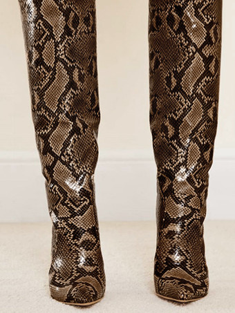 女性ニーハイブーツポインテッドトゥスティレットヒールサーペンタインパターンコーヒーブラウンPUレザーワイドニーハイブーツ