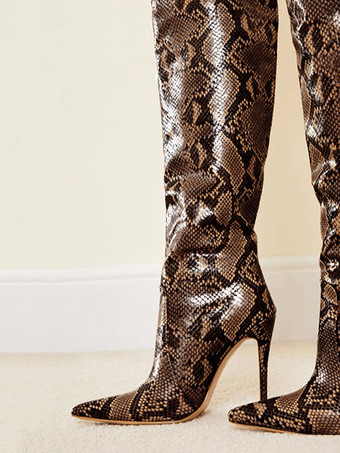 女性ニーハイブーツポインテッドトゥスティレットヒールサーペンタインパターンコーヒーブラウンPUレザーワイドニーハイブーツ