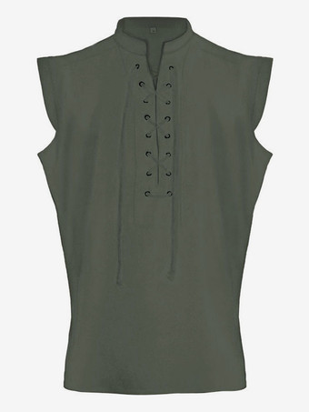 ダークグリーン黒ヴィンテージトップヴィンテージレースアップノースリーブポリエステルポリエステル繊維チョッキレトロコスチューム男性用 バーガンディ