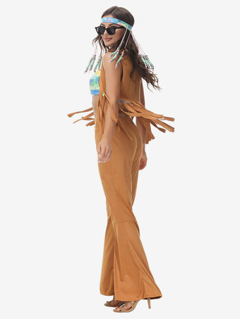 Costume Vintage Café Marron Rétro Costumes Femmes Imprimé Fleuri Polyester Ensemble 1970s