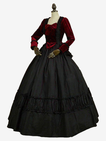 黒いレトロコスチュームボウズポリエステルドレス女性のマリーアントワネットコスチュームレトロチュニック18世紀のコスチューム