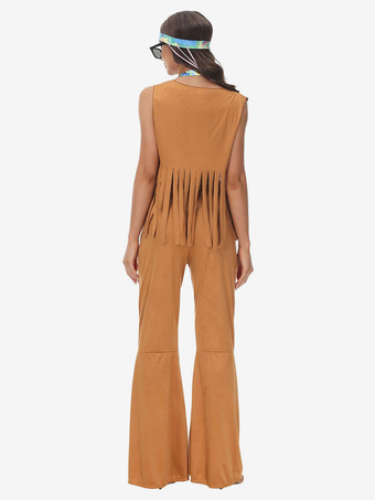 Costume Vintage Café Marron Rétro Costumes Femmes Imprimé Fleuri Polyester Ensemble 1970s