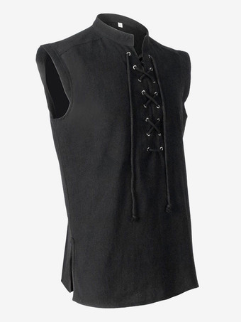 黒ヴィンテージトップヴィンテージレースアップノースリーブポリエステルポリエステル繊維チョッキレトロコスチューム男性用 バーガンディ