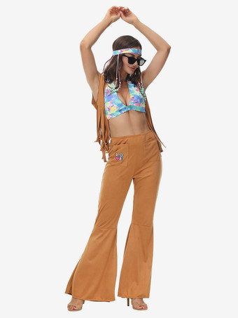 Costume Vintage Café Marron Rétro Costumes Femmes Imprimé Fleuri Polyester Ensemble 1970s