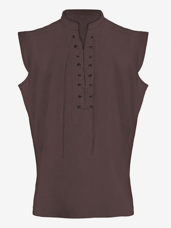 ワインレッド 黒ヴィンテージトップヴィンテージレースアップノースリーブポリエステルポリエステル繊維チョッキレトロコスチューム男性用 バーガンディ