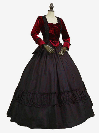 黒いレトロコスチュームボウズポリエステルドレス女性のマリーアントワネットコスチュームレトロチュニック18世紀のコスチューム