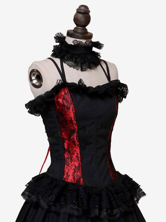 レッドレトロコスチュームフリルポリエステルチョーカー女性のレトロなチュニックマリーアントワネットコスチューム18世紀のコスチューム バーガンディ