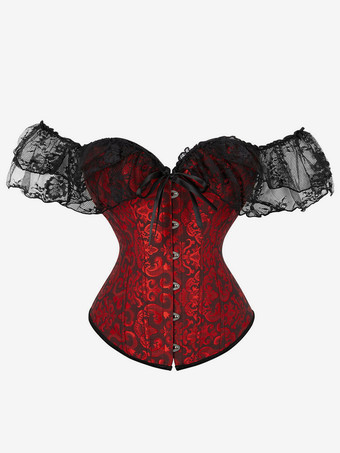 ワインレッド 女性のための黒の V ネックのセクシーなレースアップ レース プリント女性のコルセット