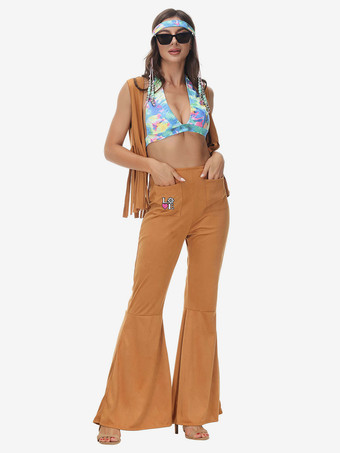 Costume Vintage Café Marron Rétro Costumes Femmes Imprimé Fleuri Polyester Ensemble 1970s