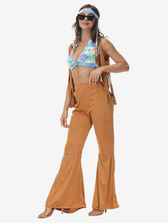 Costume Vintage Café Marron Rétro Costumes Femmes Imprimé Fleuri Polyester Ensemble 1970s