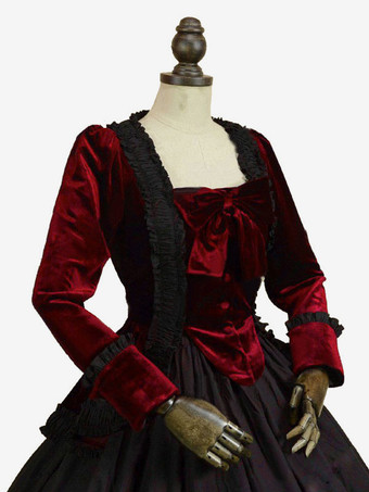 黒いレトロコスチュームボウズポリエステルドレス女性のマリーアントワネットコスチュームレトロチュニック18世紀のコスチューム