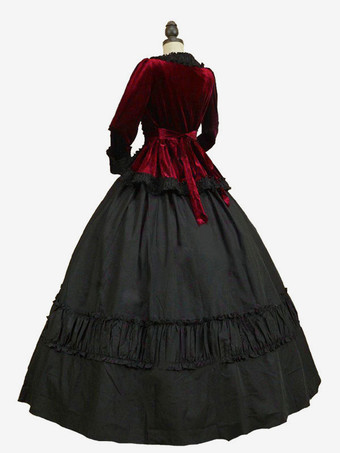 黒いレトロコスチュームボウズポリエステルドレス女性のマリーアントワネットコスチュームレトロチュニック18世紀のコスチューム