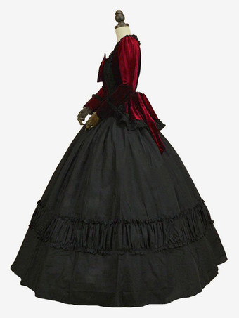 黒いレトロコスチュームボウズポリエステルドレス女性のマリーアントワネットコスチュームレトロチュニック18世紀のコスチューム