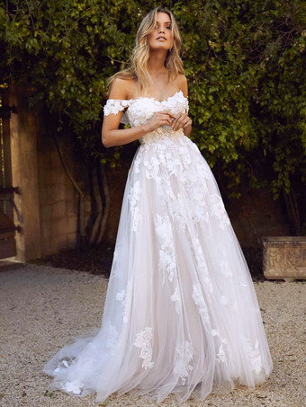 ウェディングドレスホワイトストラップレスノースリーブバックレストレインチュールロングレースブライダルガウン