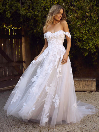 White Lace Wedding Dress Strapless Sleeveless Backless With Train Tulle Bridal Gowns Free Customization