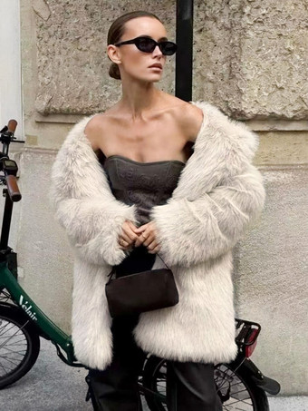 ホワイトフェイクファーミディコート ノッチラペル 冬 エコフレンドリー ロングジャケット レディース 2025