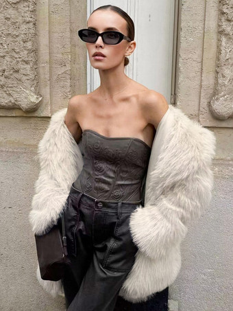 ホワイトフェイクファーミディコート ノッチラペル 冬 エコフレンドリー ロングジャケット レディース 2025