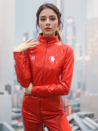 ハロウィンPVCキャットスーツ　レッド　シャイニーメタリック　フルボディスーツ　変装　仮装　歓送迎会　忘年会　余興　ハロウィン　パーティー　2025