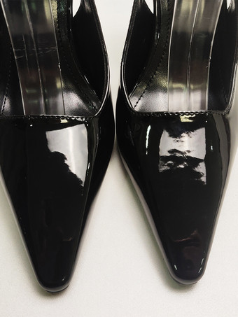 レディース スリングバック ヒール ボタン 特殊形状ヒール ブラック ドレスシューズ