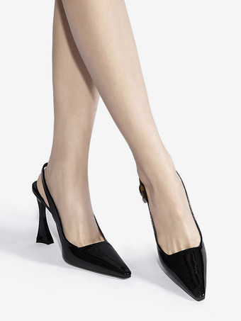 レディース スリングバック ヒール ボタン 特殊形状ヒール ブラック ドレスシューズ