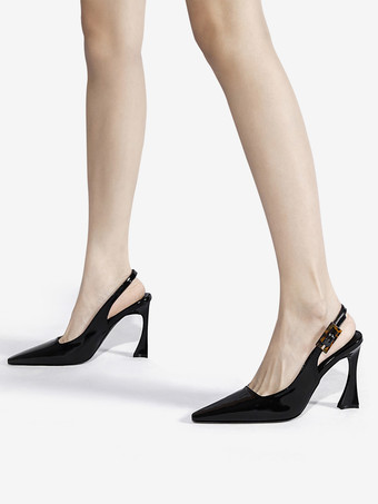 レディース スリングバック ヒール ボタン 特殊形状ヒール ブラック ドレスシューズ