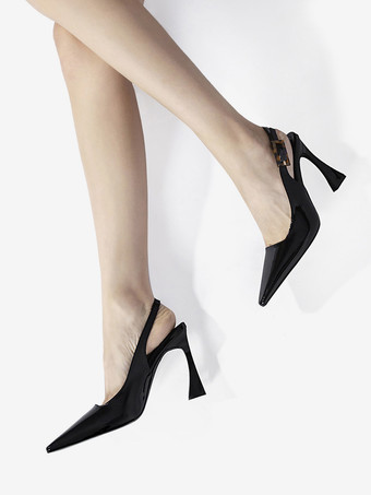 レディース スリングバック ヒール ボタン 特殊形状ヒール ブラック ドレスシューズ