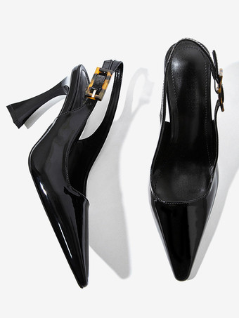 レディース スリングバック ヒール ボタン 特殊形状ヒール ブラック ドレスシューズ