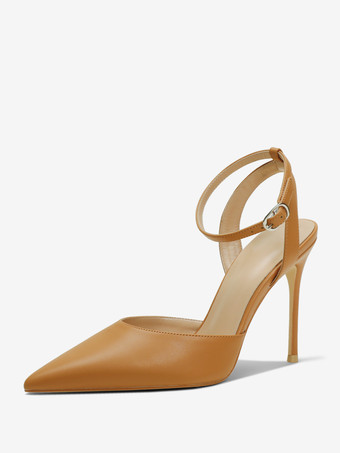 ラクダ色 ブラック ハイヒール レディース ポインテッドトゥ アンクル ストラップ パンプス