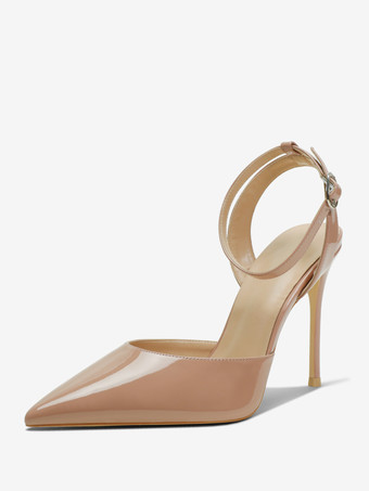 肌色ブラック ハイヒール レディース ポインテッドトゥ アンクル ストラップ パンプス