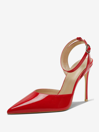 レッド ブラック ハイヒール レディース ポインテッドトゥ アンクル ストラップ パンプス