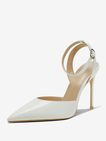 ホワイト ブラック ハイヒール レディース ポインテッドトゥ アンクル ストラップ パンプス