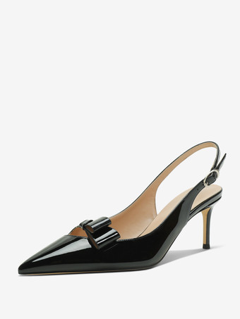 Black Women's Slingback Heels Black Pointed Toe Bow Detail Dress Shoes