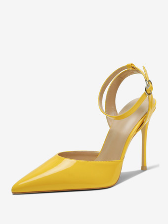 イエローブラック ハイヒール レディース ポインテッドトゥ アンクル ストラップ パンプス