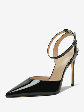 ブラック ブラック ハイヒール レディース ポインテッドトゥ アンクル ストラップ パンプス