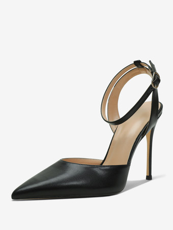 PUブラックブラック ハイヒール レディース ポインテッドトゥ アンクル ストラップ パンプス