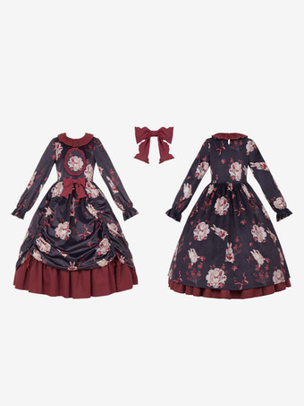 Classical Lolita Dress Velour Long Sleeves Floral Print Lolita Dresses Classic Black