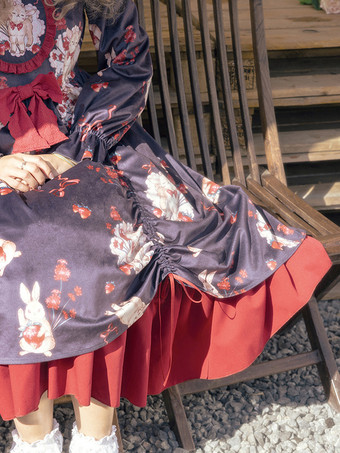 Classical Lolita Dress Velour Long Sleeves Floral Print Lolita Dresses Classic Black