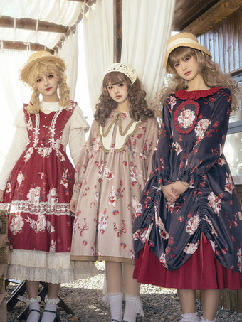 Classical Lolita Dress Velour Long Sleeves Floral Print Lolita Dresses Classic Black