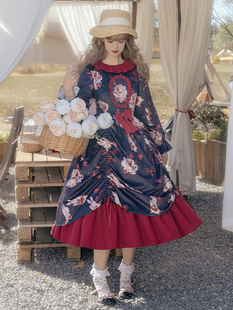 Black Classical Lolita Dress Velour Long Sleeves Floral Print Lolita Dresses Classic Black